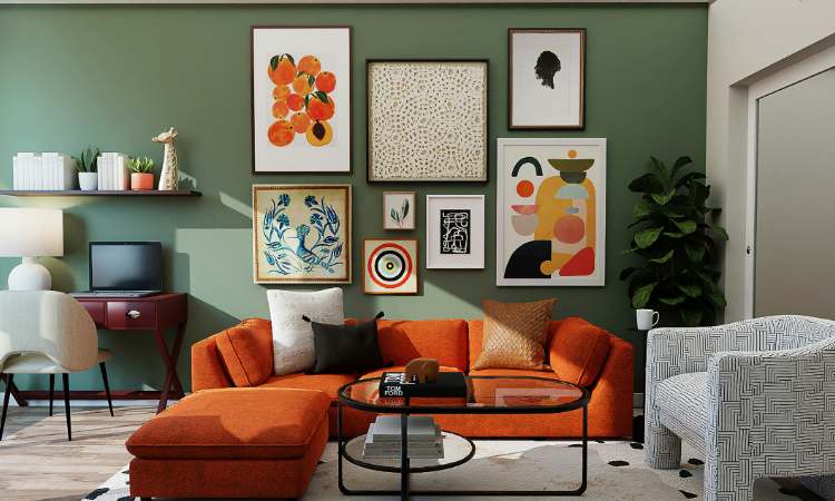 Retro living room with orange couch and patterned chair with area rug and wall art